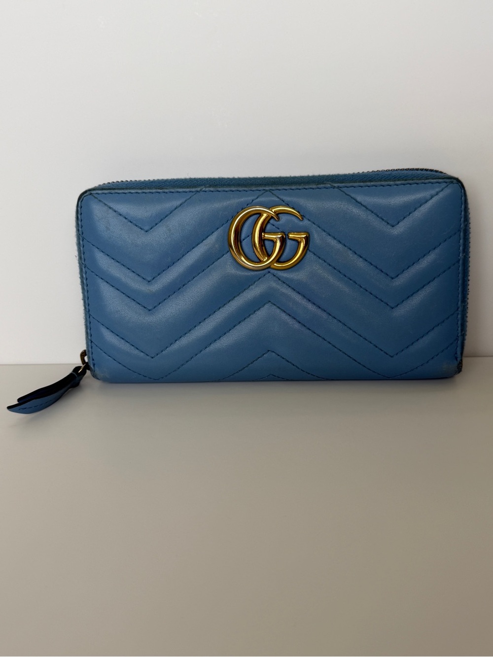 Gucci GG Marmont Matelassé Leather Zip Around Wallet Blue (Fits iPhone Pro Max)